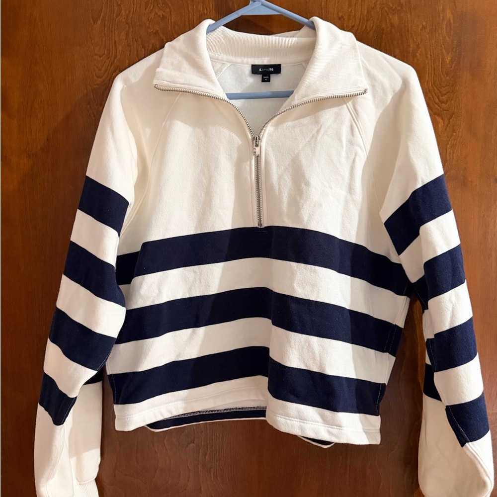 Express White and Navy Striped Half-Zip Sweater